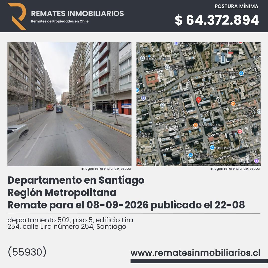 Imagen ficha departamento 502, piso 5, edificio Lira 254, calle Lira número 254, Santiago