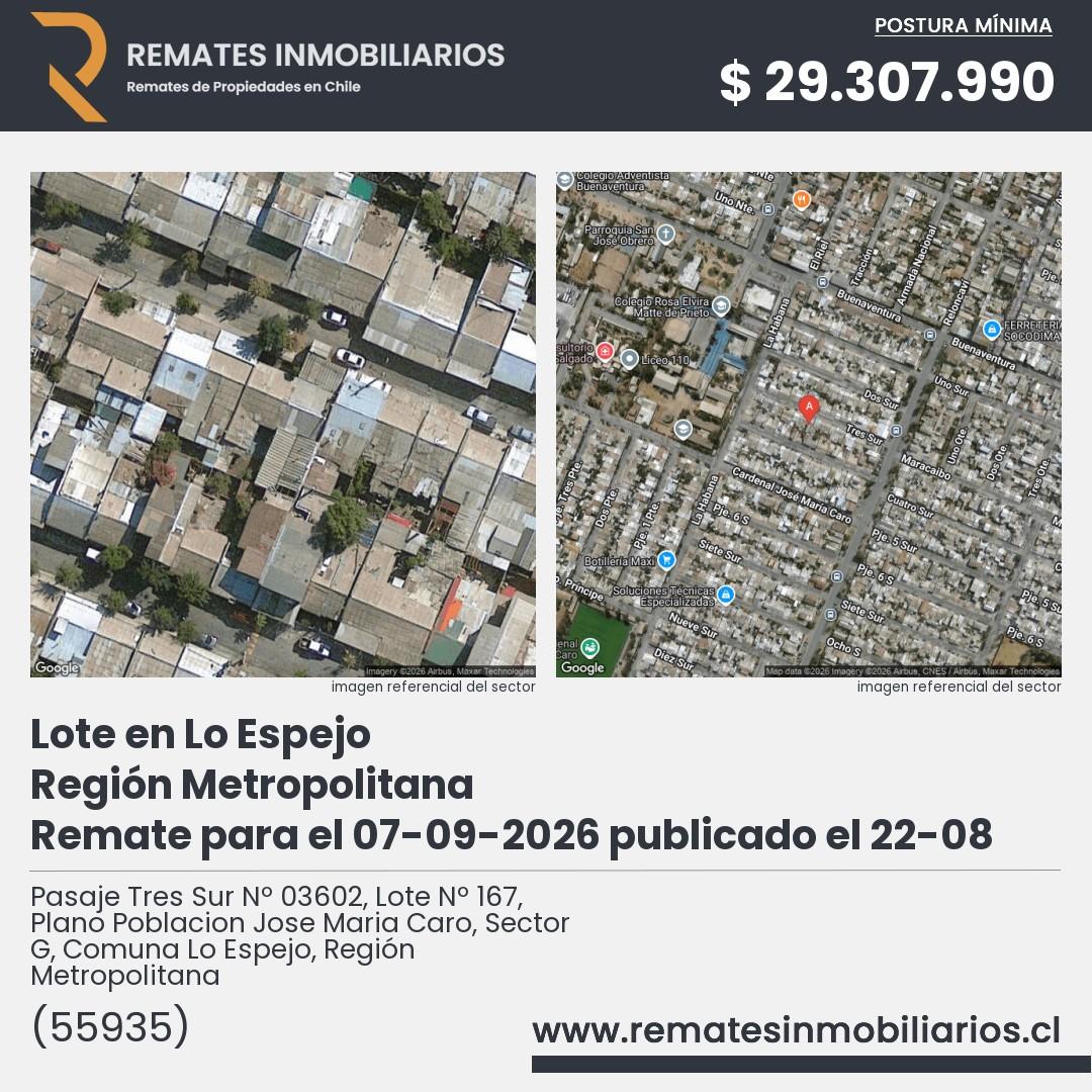 Imagen ficha Pasaje Tres Sur Nº 03602, Lote Nº 167, Plano Poblacion Jose Maria Caro, Sector G, Comuna Lo Espejo, Región Metropolitana