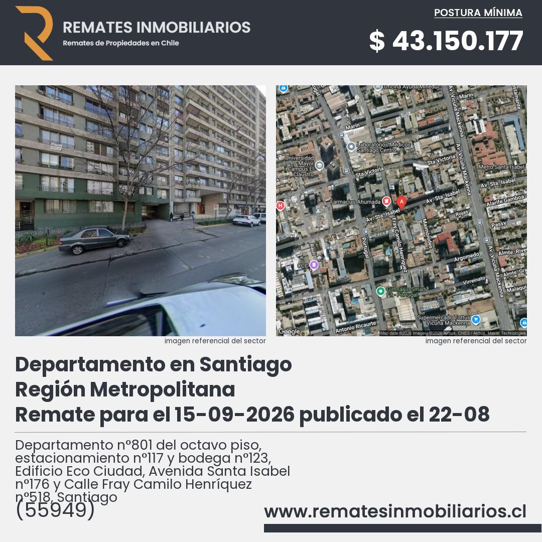 Imagen ficha Departamento n°801 del octavo piso, estacionamiento n°117 y bodega n°123, Edificio Eco Ciudad, Avenida Santa Isabel n°176 y Calle Fray Camilo Henríquez n°518, Santiago