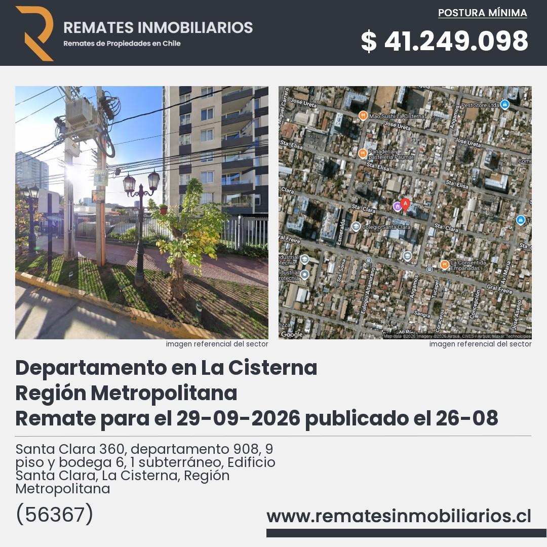 Imagen ficha Santa Clara 360, departamento 908, 9 piso y bodega 6, 1 subterráneo, Edificio Santa Clara, La Cisterna, Región Metropolitana