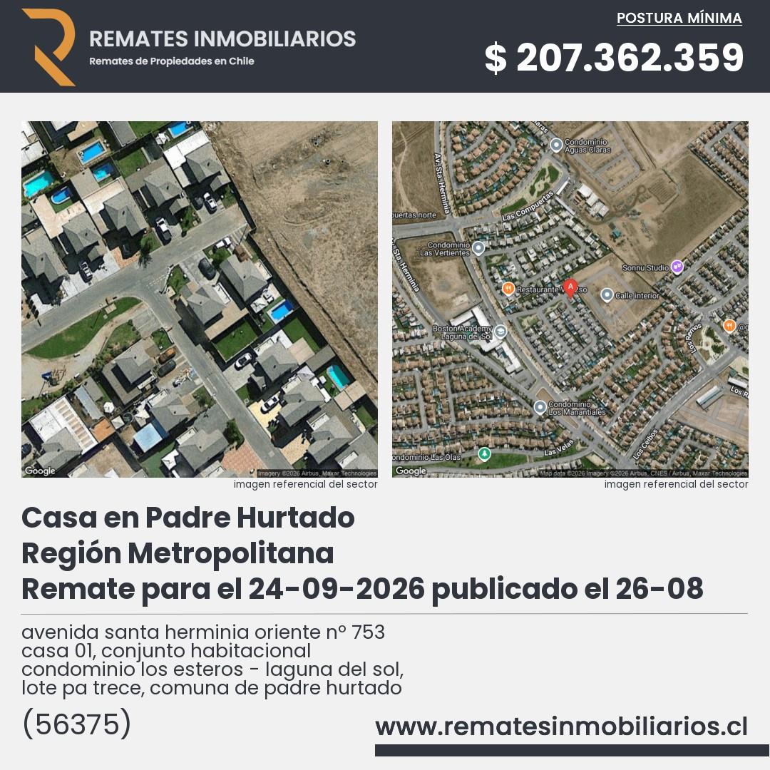 Imagen ficha avenida santa herminia oriente nº 753 casa 01, conjunto habitacional condominio los esteros - laguna del sol, lote pa trece, comuna de padre hurtado