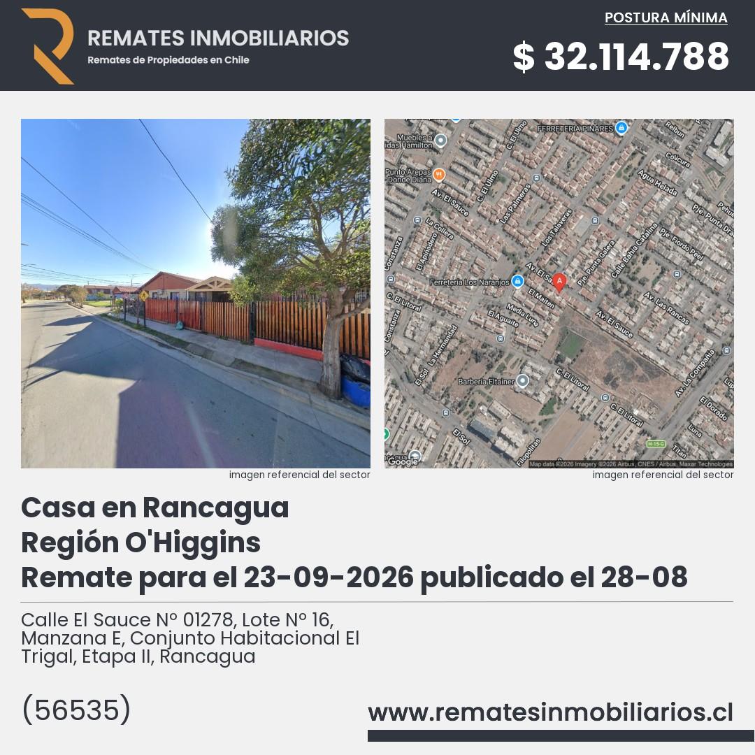 Imagen ficha Calle El Sauce Nº 01278, Lote Nº 16, Manzana E, Conjunto Habitacional El Trigal, Etapa II, Rancagua