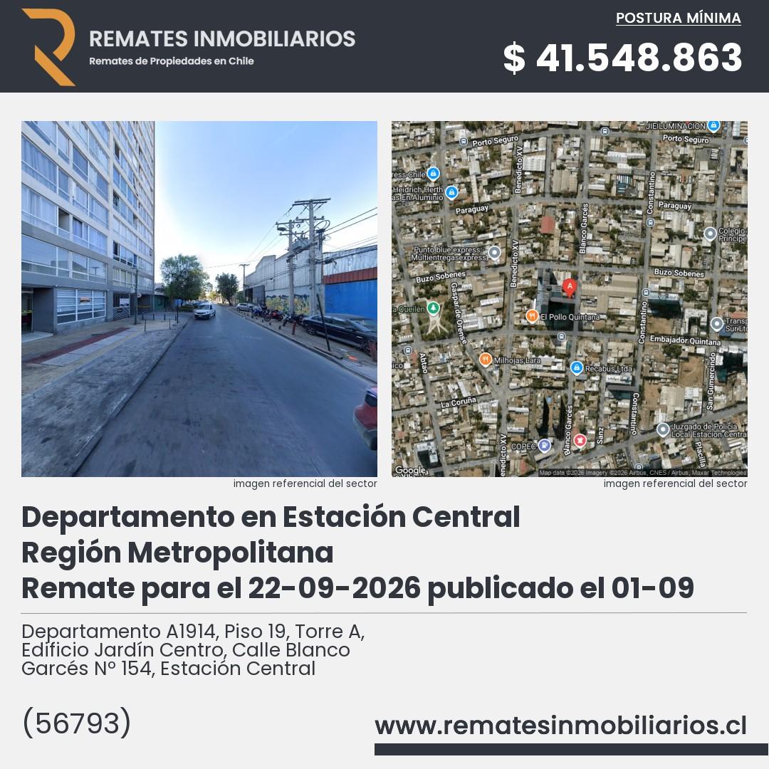 Imagen ficha Departamento A1914, Piso 19, Torre A, Edificio Jardín Centro, Calle Blanco Garcés Nº 154, Estación Central