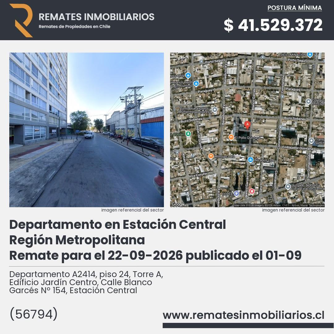 Imagen ficha Departamento A2414, piso 24, Torre A, Edificio Jardín Centro, Calle Blanco Garcés Nº 154, Estación Central