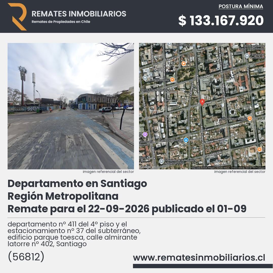 Imagen ficha departamento nº 411 del 4º piso y el estacionamiento nº 37 del subterráneo, edificio parque toesca, calle almirante latorre nº 402, Santiago