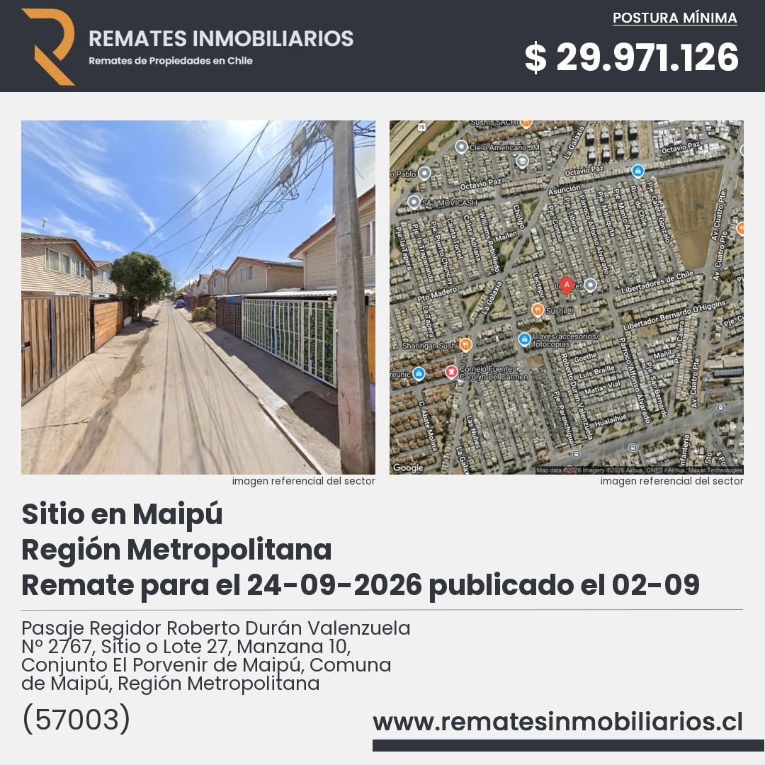 Imagen ficha Pasaje Regidor Roberto Durán Valenzuela Nº 2767, Sitio o Lote 27, Manzana 10, Conjunto El Porvenir de Maipú, Comuna de Maipú, Región Metropolitana