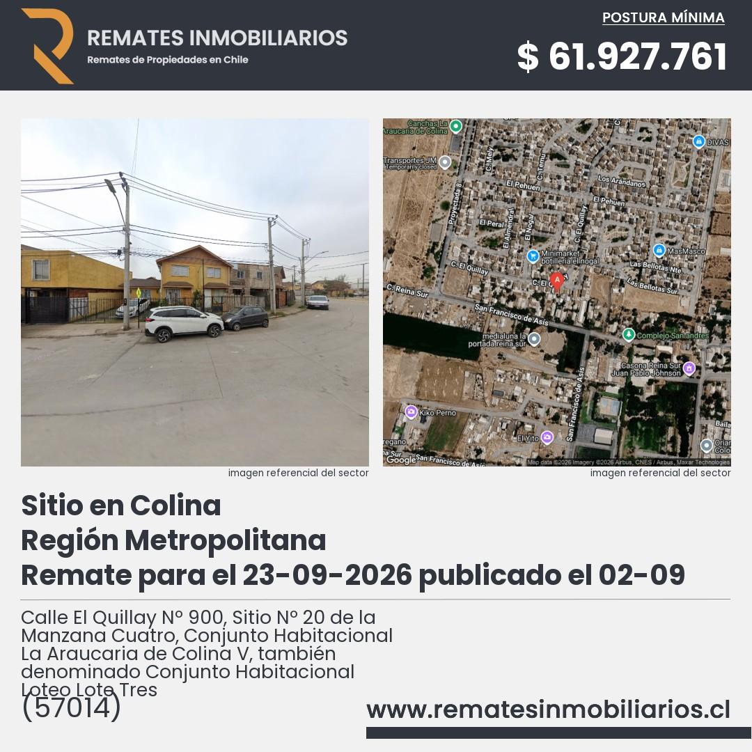 Imagen ficha Calle El Quillay Nº 900, Sitio Nº 20 de la Manzana Cuatro, Conjunto Habitacional La Araucaria de Colina V, también denominado Conjunto Habitacional Loteo Lote Tres