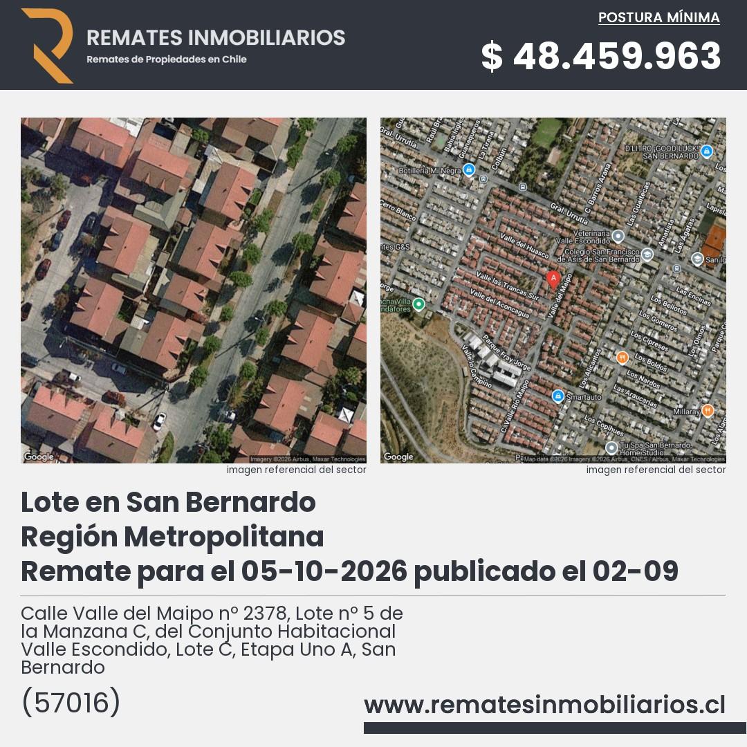 Imagen ficha Calle Valle del Maipo nº 2378, Lote nº 5 de la Manzana C, del Conjunto Habitacional Valle Escondido, Lote C, Etapa Uno A, San Bernardo