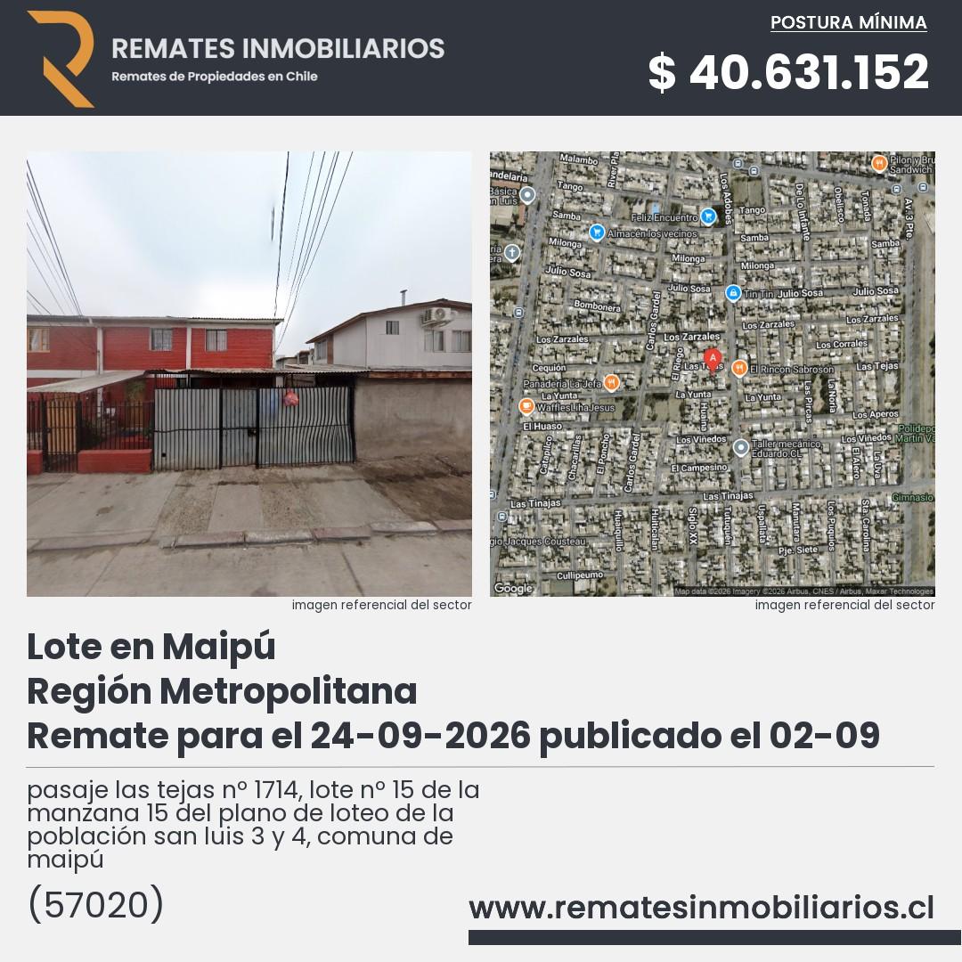 Imagen ficha pasaje las tejas nº 1714, lote nº 15 de la manzana 15 del plano de loteo de la población san luis 3 y 4, comuna de maipú
