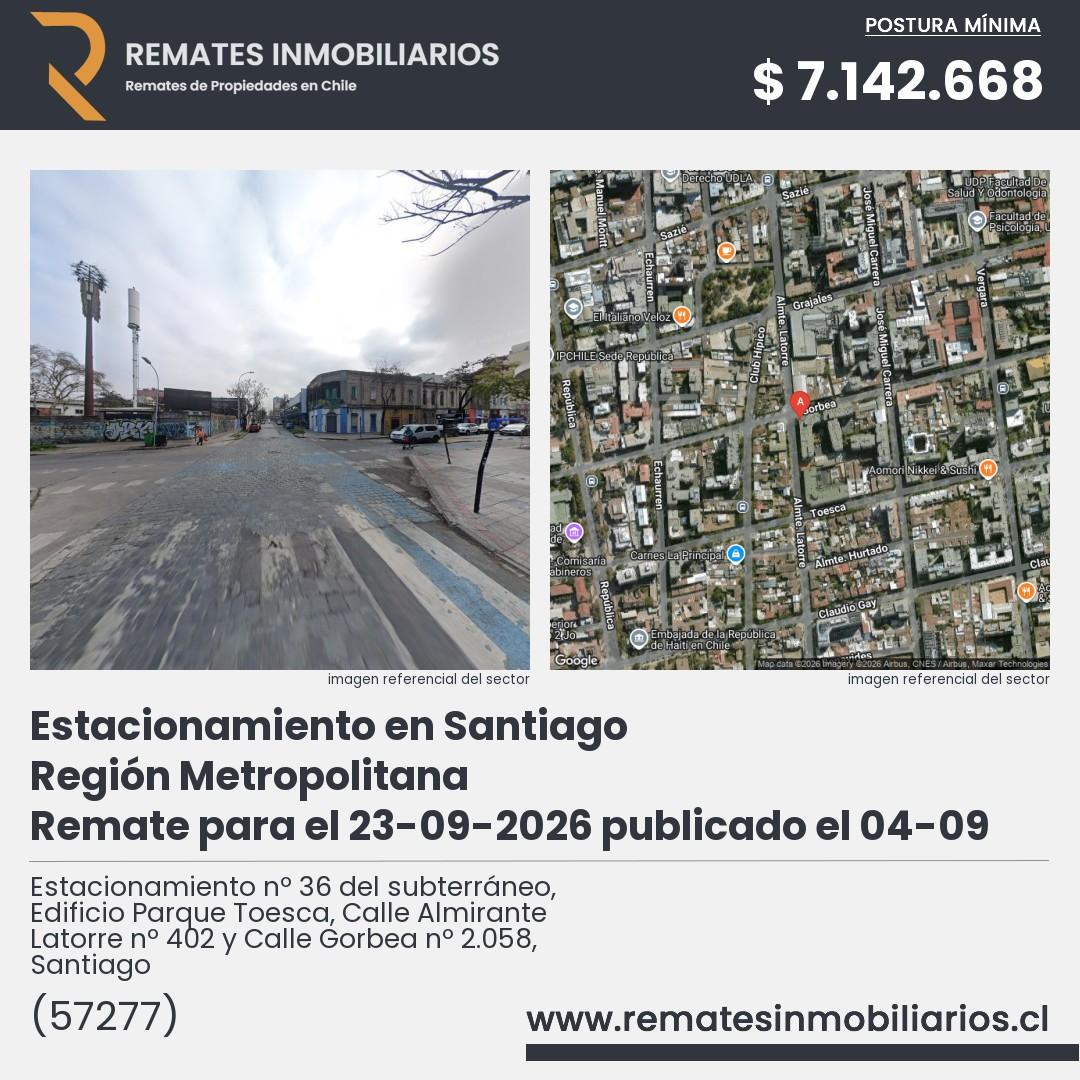 Imagen ficha Estacionamiento nº 36 del subterráneo, Edificio Parque Toesca, Calle Almirante Latorre nº 402 y Calle Gorbea nº 2.058, Santiago