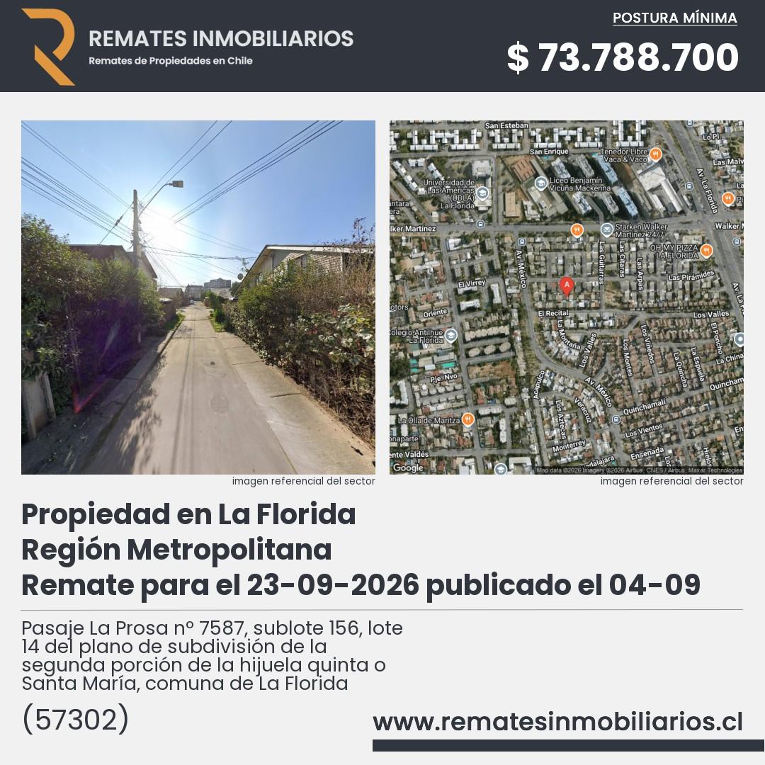 Imagen ficha Pasaje La Prosa nº 7587, sublote 156, lote 14 del plano de subdivisión de la segunda porción de la hijuela quinta o Santa María, comuna de La Florida