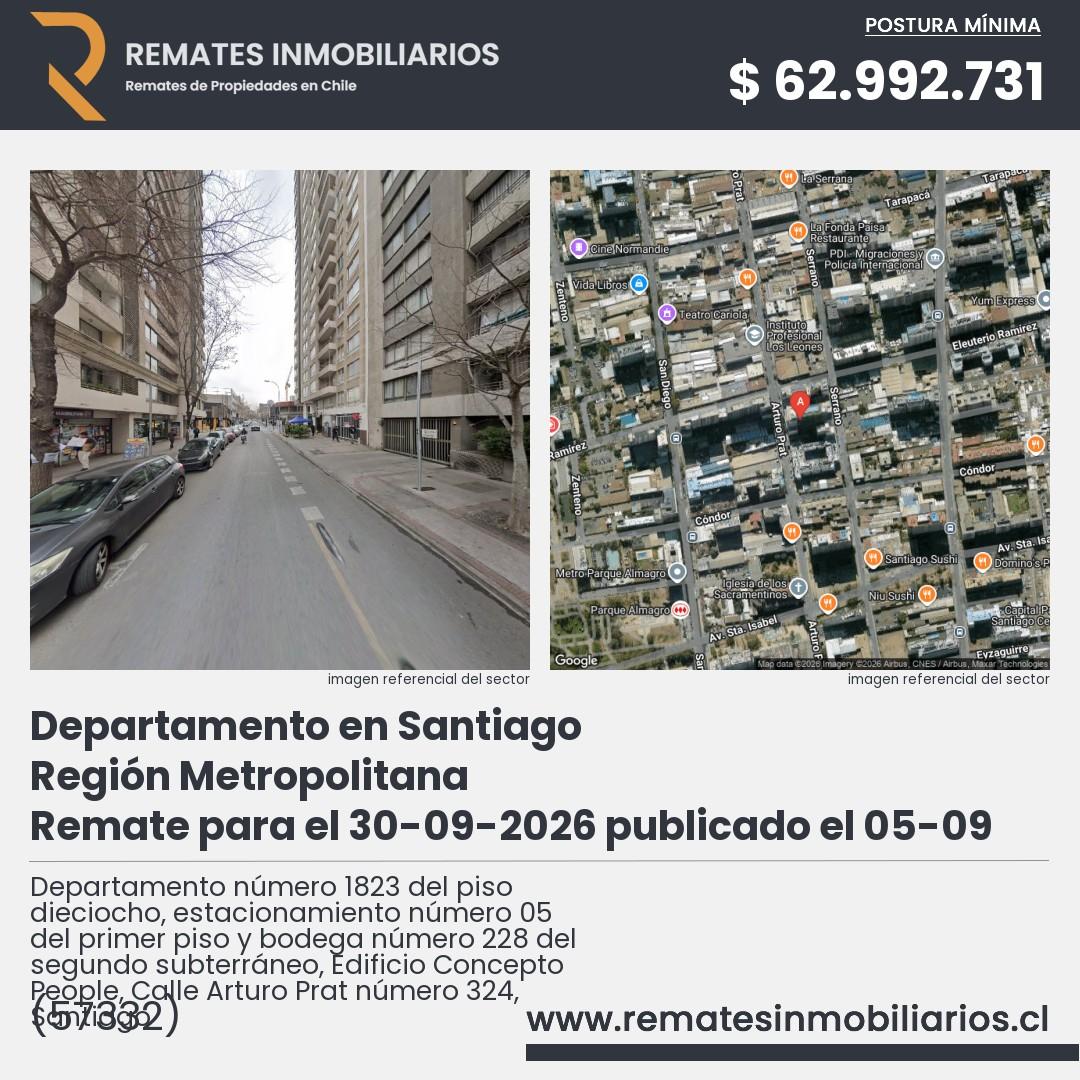 Imagen ficha Departamento número 1823 del piso dieciocho, estacionamiento número 05 del primer piso y bodega número 228 del segundo subterráneo, Edificio Concepto People, Calle Arturo Prat número 324, Santiago