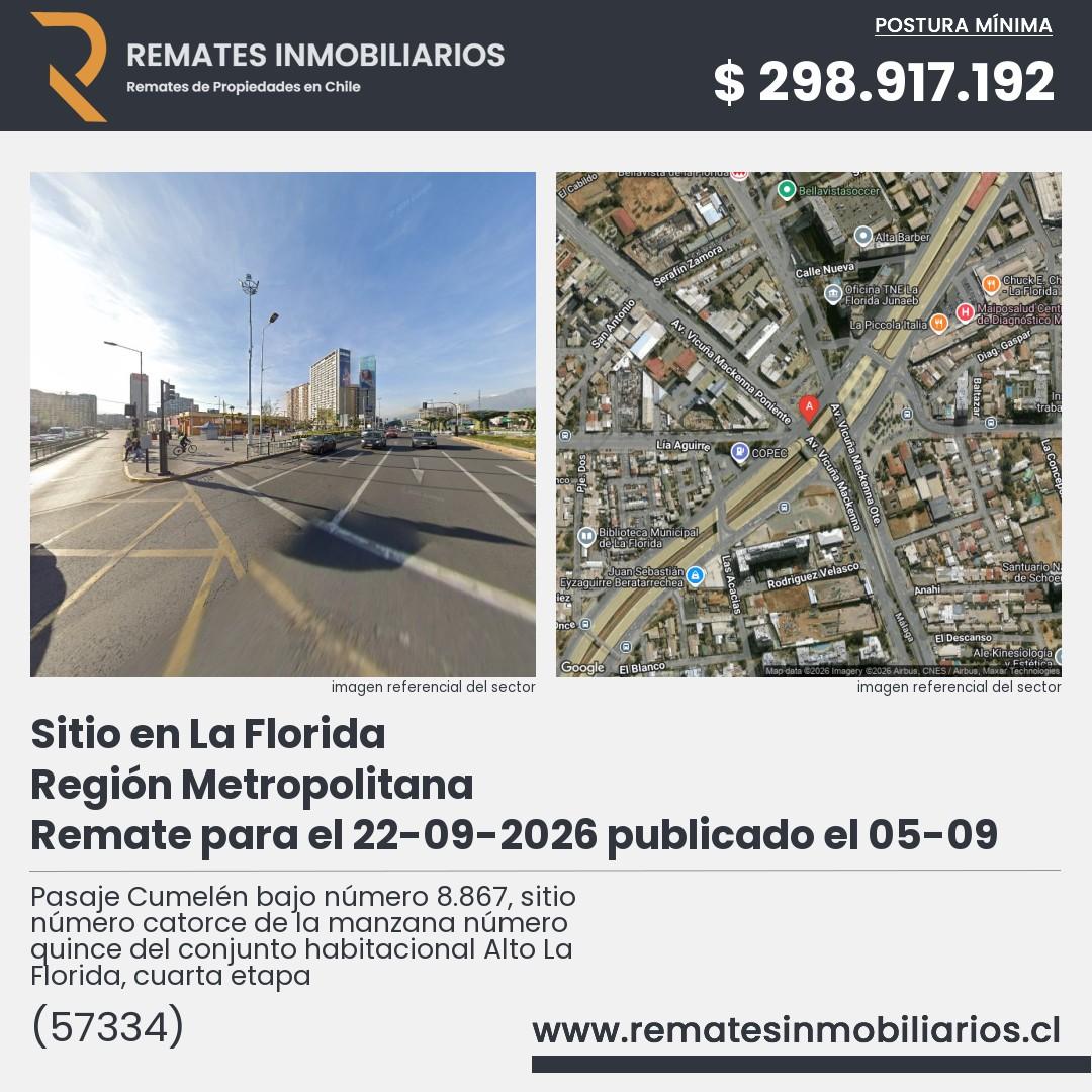 Imagen ficha Pasaje Cumelén bajo número 8.867, sitio número catorce de la manzana número quince del conjunto habitacional Alto La Florida, cuarta etapa