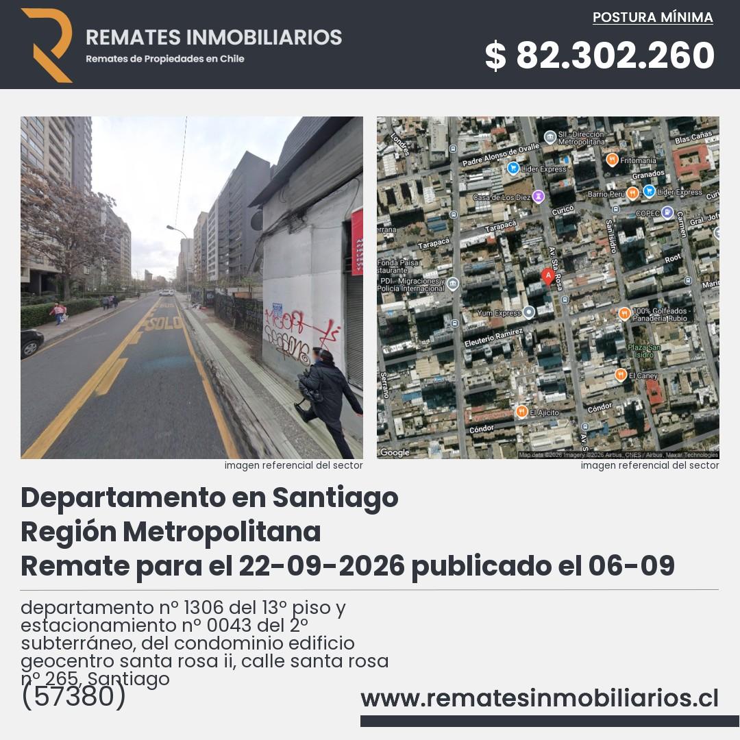 Imagen ficha departamento nº 1306 del 13º piso y estacionamiento nº 0043 del 2º subterráneo, del condominio edificio geocentro santa rosa ii, calle santa rosa nº 265, Santiago