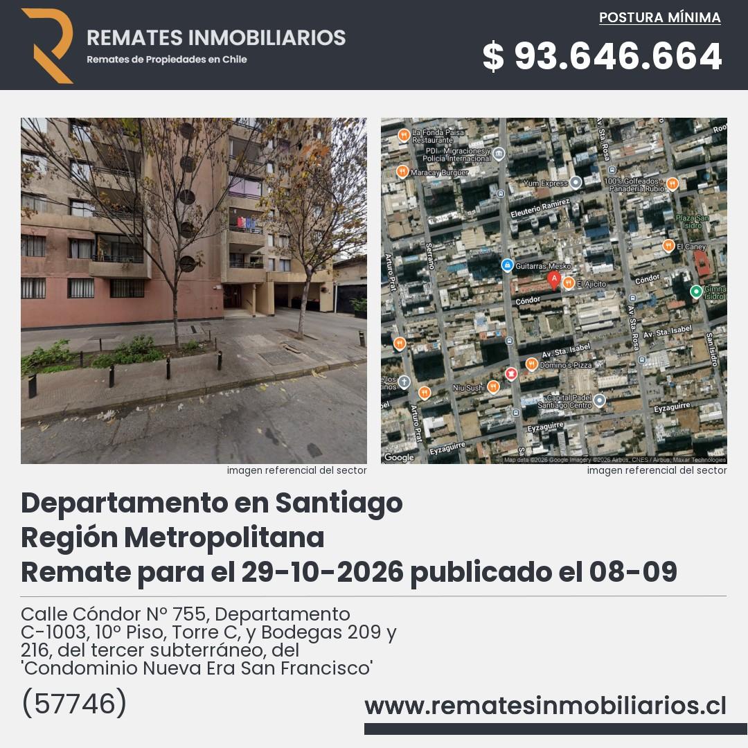 Imagen ficha Calle Cóndor Nº 755, Departamento C-1003, 10º Piso, Torre C, y Bodegas 209 y 216, del tercer subterráneo, del 