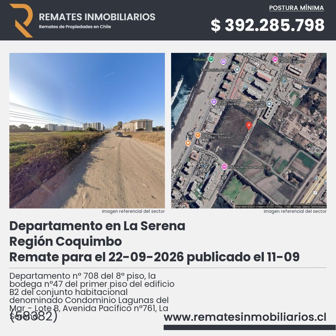 Imagen ficha Departamento n° 708 del 8° piso, la bodega n°47 del primer piso del edificio B2 del conjunto habitacional denominado Condominio Lagunas del Mar - Lote B, Avenida Pacífico n°761, La Serena