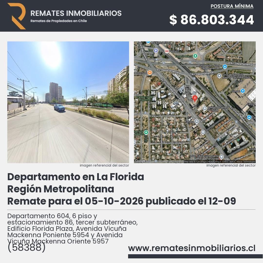 Imagen ficha Departamento 604, 6 piso y estacionamiento 86, tercer subterráneo, Edificio Florida Plaza, Avenida Vicuña Mackenna Poniente 5954 y Avenida Vicuña Mackenna Oriente 5957