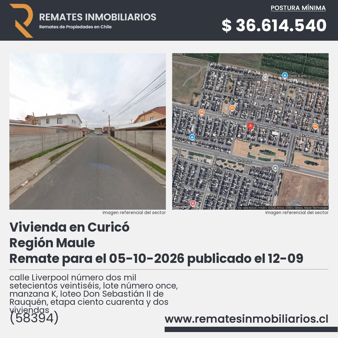 Imagen ficha calle Liverpool número dos mil setecientos veintiséis, lote número once, manzana K, loteo Don Sebastián II de Rauquén, etapa ciento cuarenta y dos viviendas