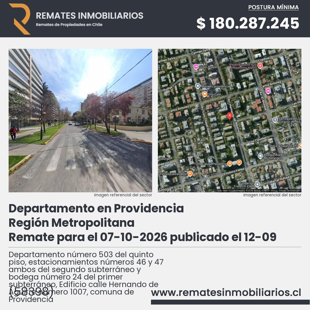Imagen ficha Departamento número 503 del quinto piso, estacionamientos números 46 y 47 ambos del segundo subterráneo y bodega número 24 del primer subterráneo, Edificio calle Hernando de Aguirre número 1007, comuna de Providencia