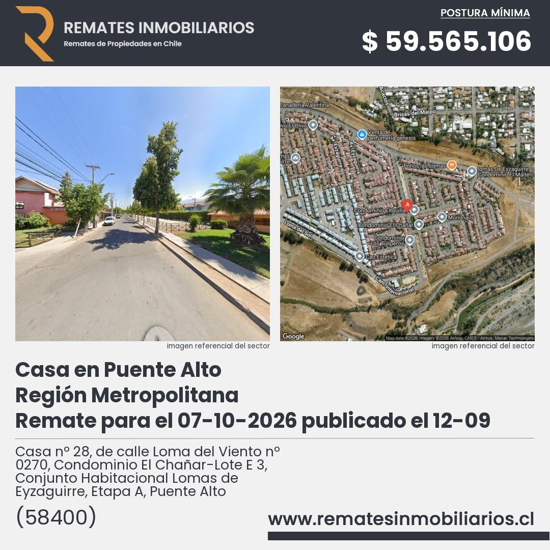 Imagen ficha Casa nº 28, de calle Loma del Viento nº 0270, Condominio El Chañar-Lote E 3, Conjunto Habitacional Lomas de Eyzaguirre, Etapa A, Puente Alto