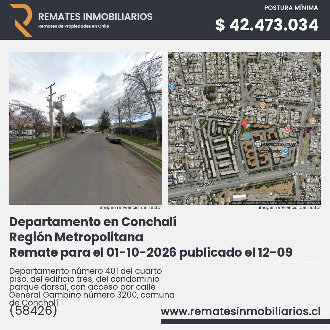 Imagen ficha Departamento número 401 del cuarto piso, del edificio tres, del condominio parque dorsal, con acceso por calle General Gambino número 3200, comuna de Conchalí