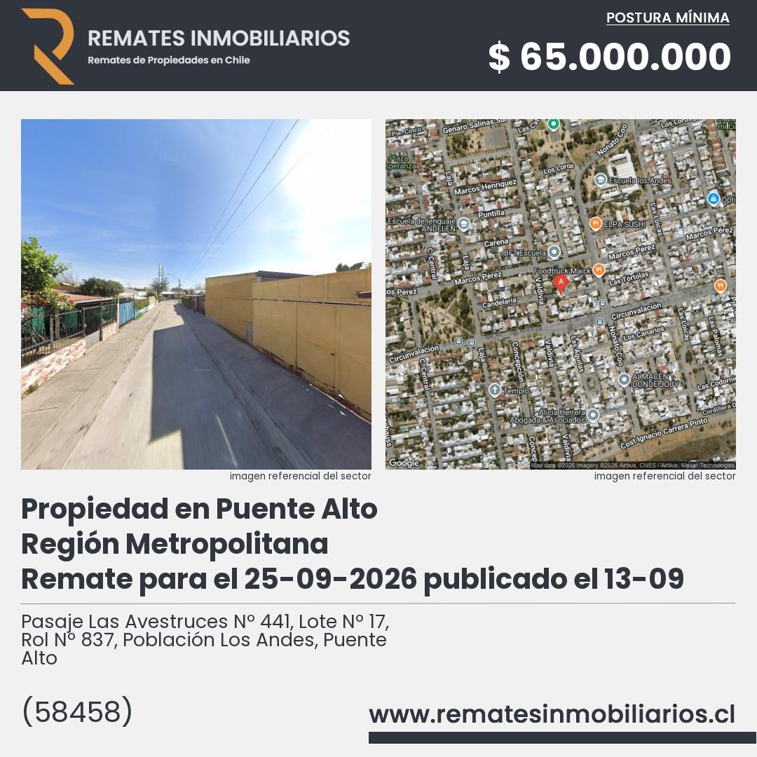 Imagen ficha Pasaje Las Avestruces Nº 441, Lote Nº 17, Rol Nº 837, Población Los Andes, Puente Alto