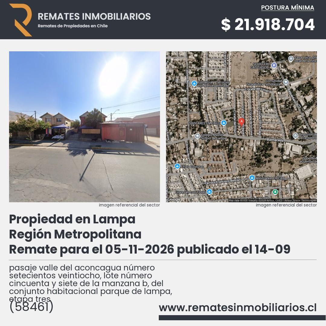 Imagen ficha pasaje valle del aconcagua número setecientos veintiocho, lote número cincuenta y siete de la manzana b, del conjunto habitacional parque de lampa, etapa tres