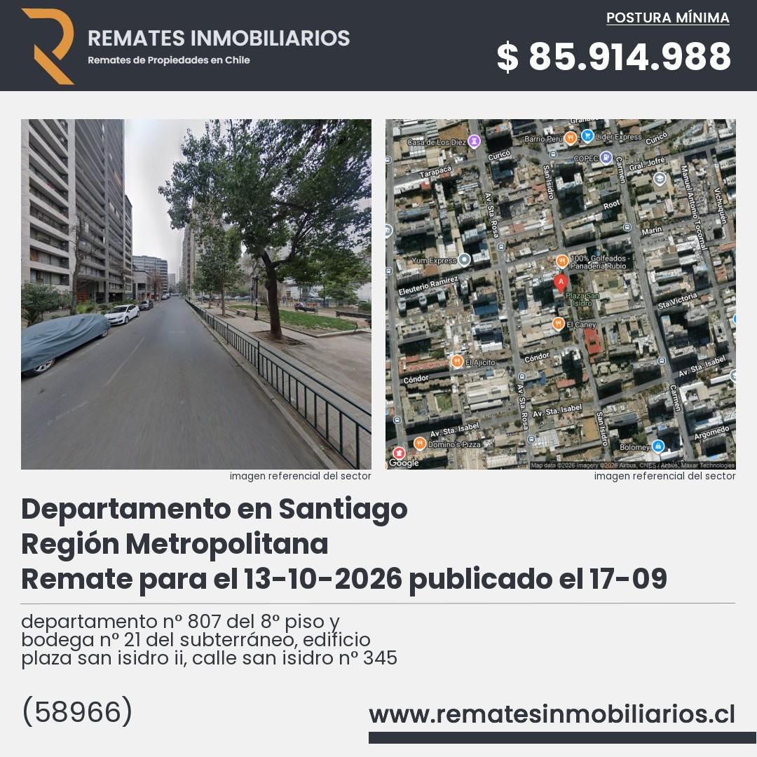 Imagen ficha departamento n° 807 del 8° piso y bodega n° 21 del subterráneo, edificio plaza san isidro ii, calle san isidro n° 345