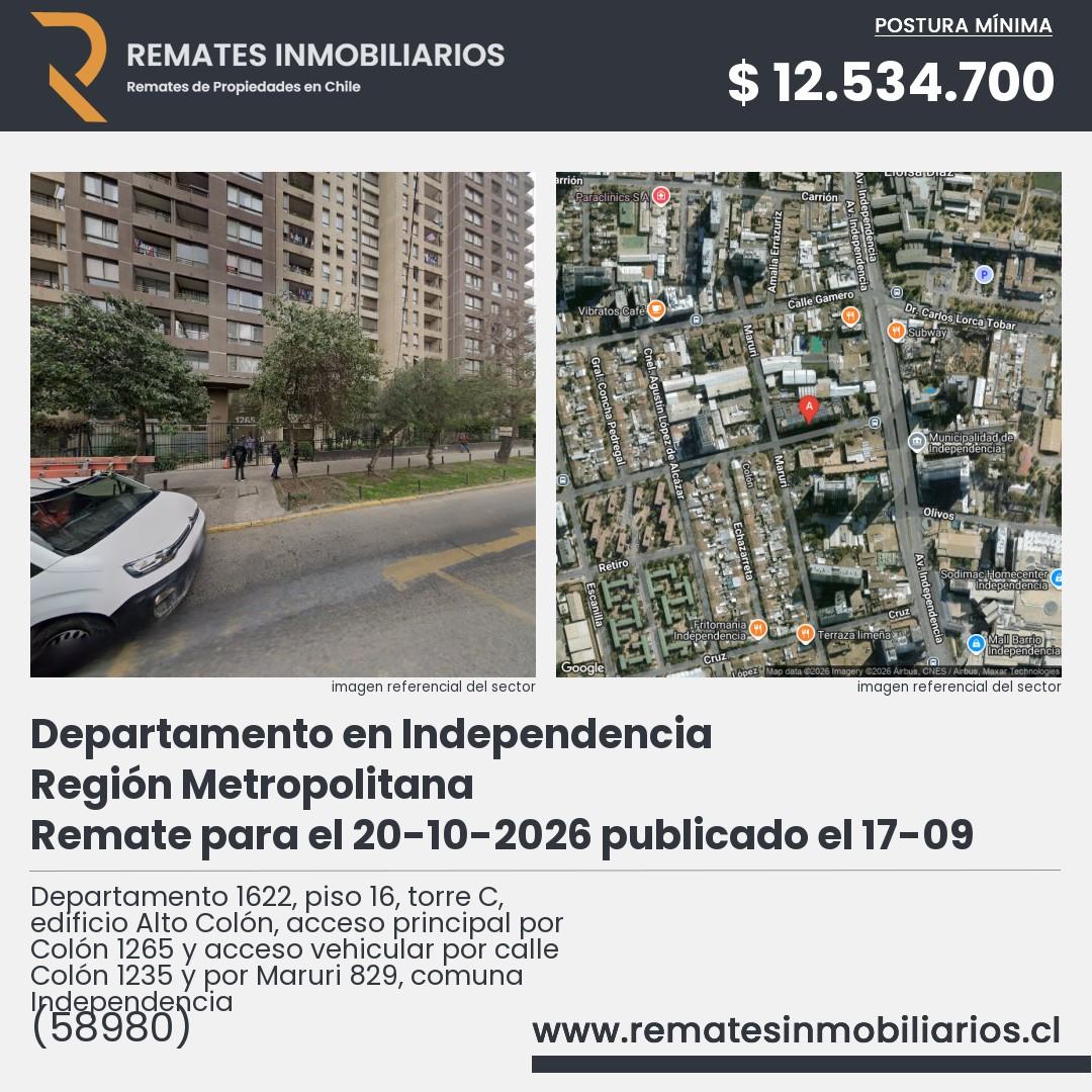 Imagen ficha Departamento 1622, piso 16, torre C, edificio Alto Colón, acceso principal por Colón 1265 y acceso vehicular por calle Colón 1235 y por Maruri 829, comuna Independencia