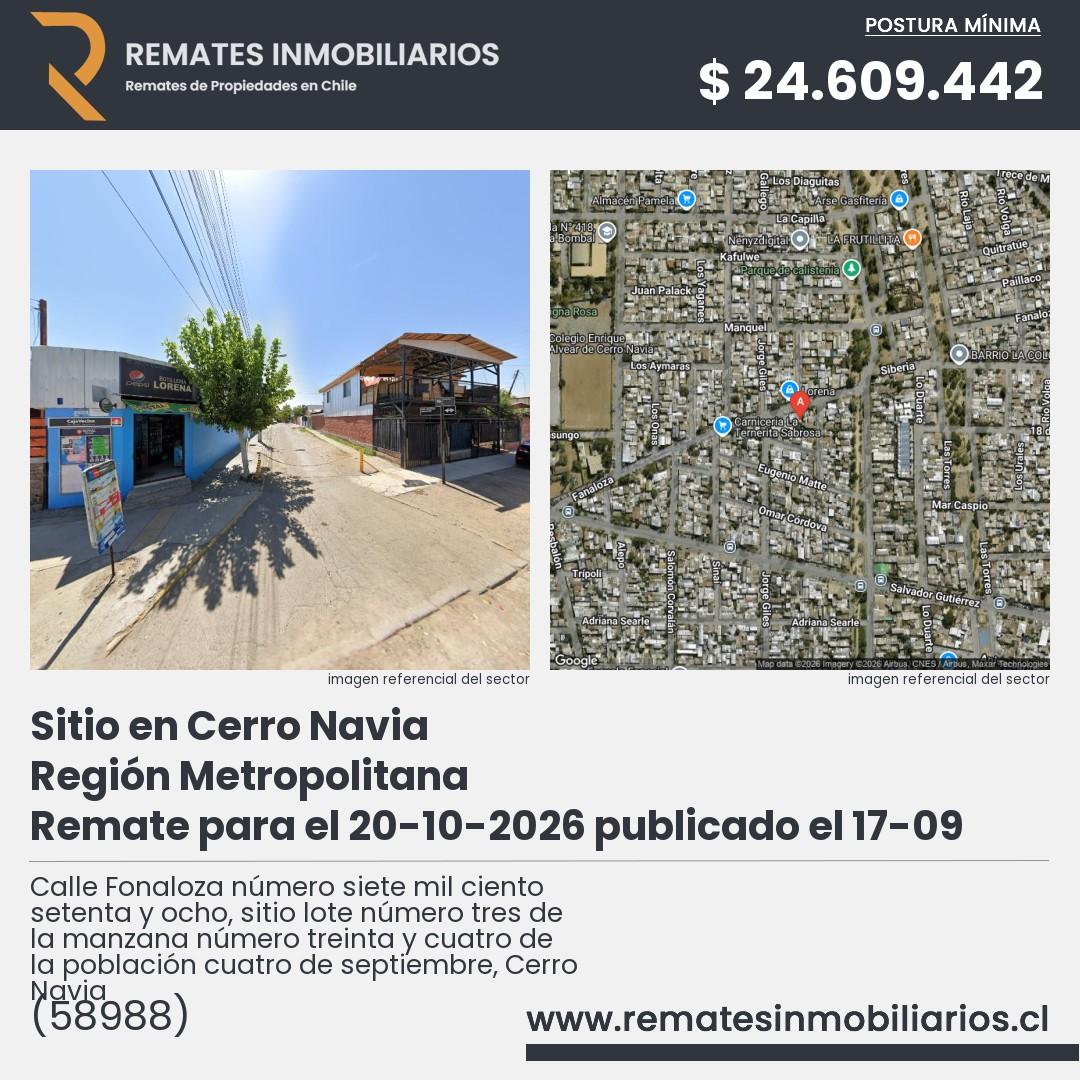 Imagen ficha Calle Fonaloza número siete mil ciento setenta y ocho, sitio lote número tres de la manzana número treinta y cuatro de la población cuatro de septiembre, Cerro Navia