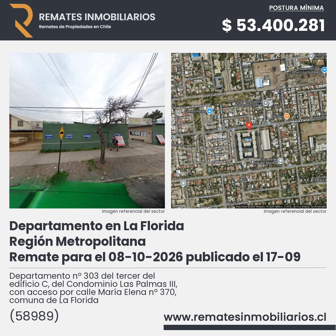 Imagen ficha Departamento nº 303 del tercer del edificio C, del Condominio Las Palmas III, con acceso por calle María Elena nº 370, comuna de La Florida