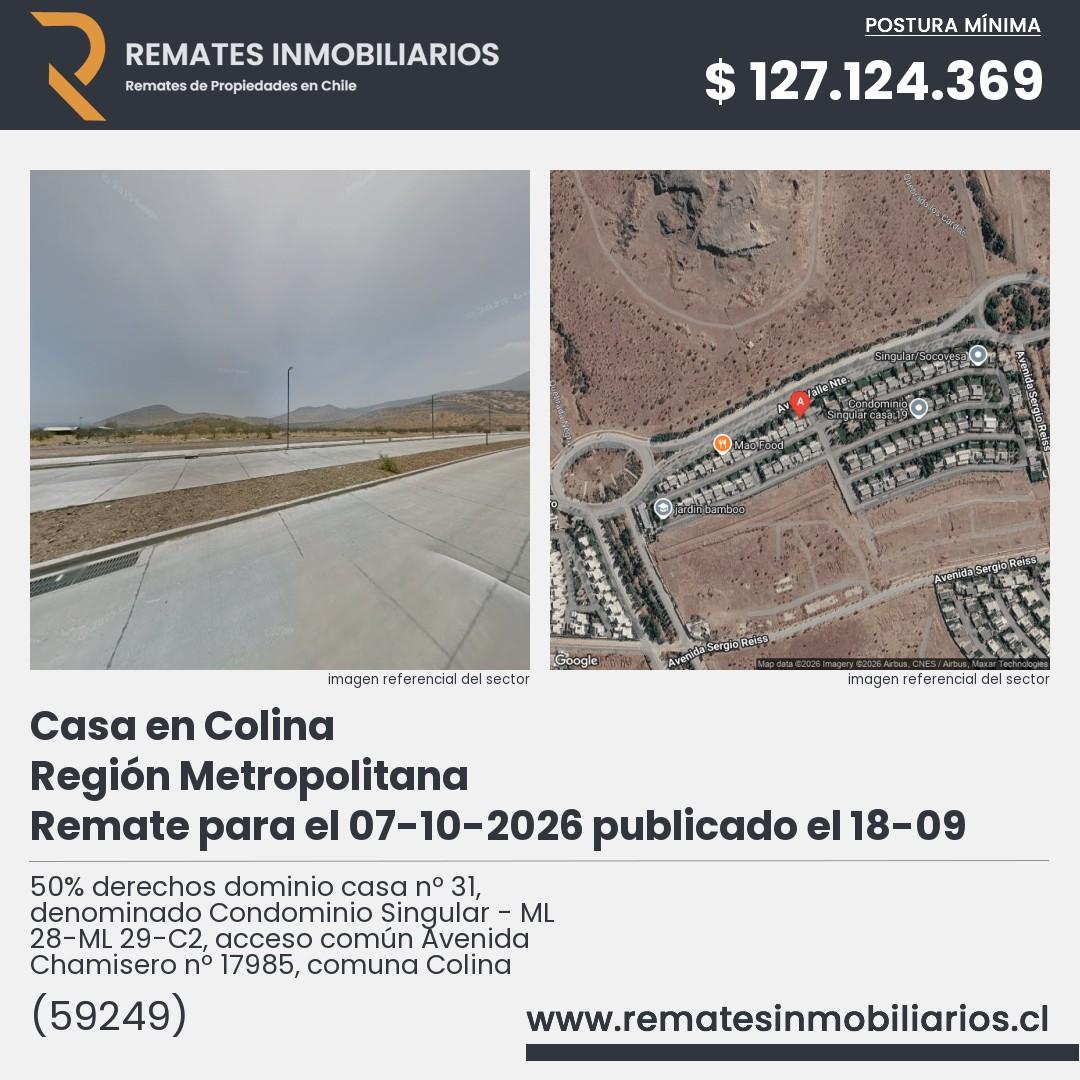 Imagen ficha 50% derechos dominio casa nº 31, denominado Condominio Singular - ML 28-ML 29-C2, acceso común Avenida Chamisero nº 17985, comuna Colina