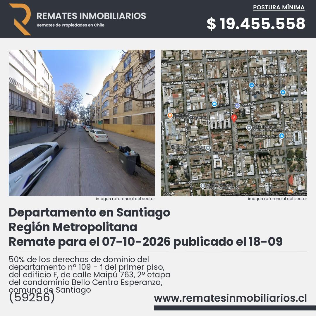 Imagen ficha 50% de los derechos de dominio del departamento nº 109 - f del primer piso, del edificio F, de calle Maipú 763, 2º etapa del condominio Bello Centro Esperanza, comuna de Santiago