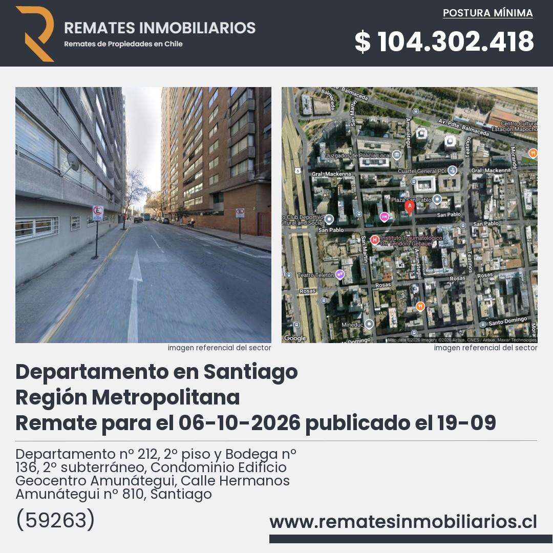 Imagen ficha Departamento nº 212, 2º piso y Bodega nº 136, 2º subterráneo, Condominio Edificio Geocentro Amunátegui, Calle Hermanos Amunátegui nº 810, Santiago