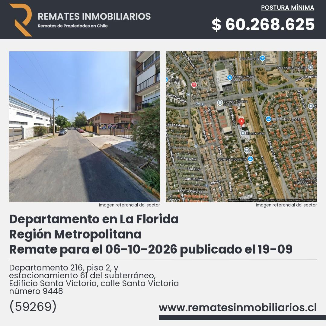 Imagen ficha Departamento 216, piso 2, y estacionamiento 61 del subterráneo, Edificio Santa Victoria, calle Santa Victoria número 9448