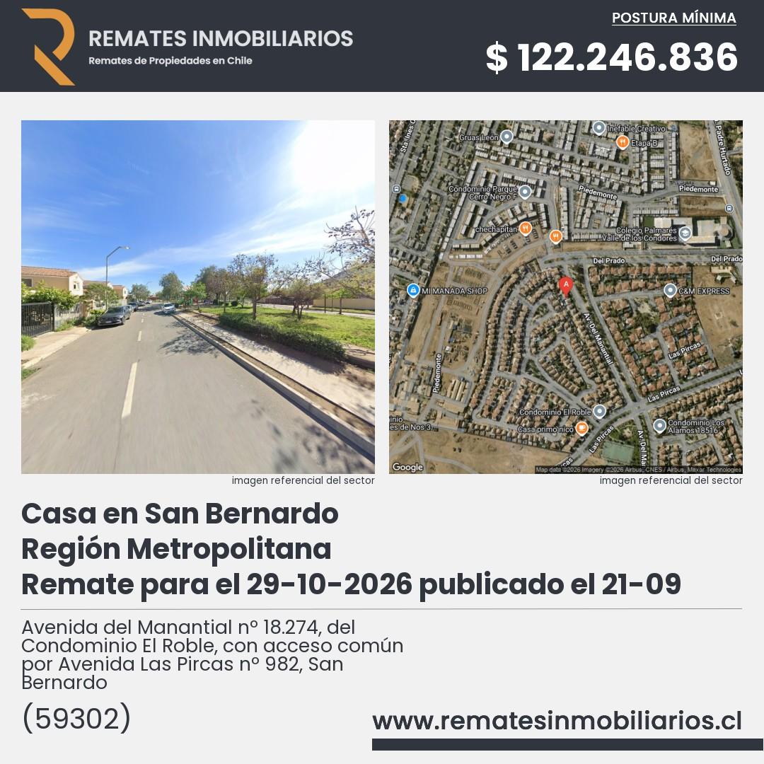 Imagen ficha Avenida del Manantial nº 18.274, del Condominio El Roble, con acceso común por Avenida Las Pircas nº 982, San Bernardo
