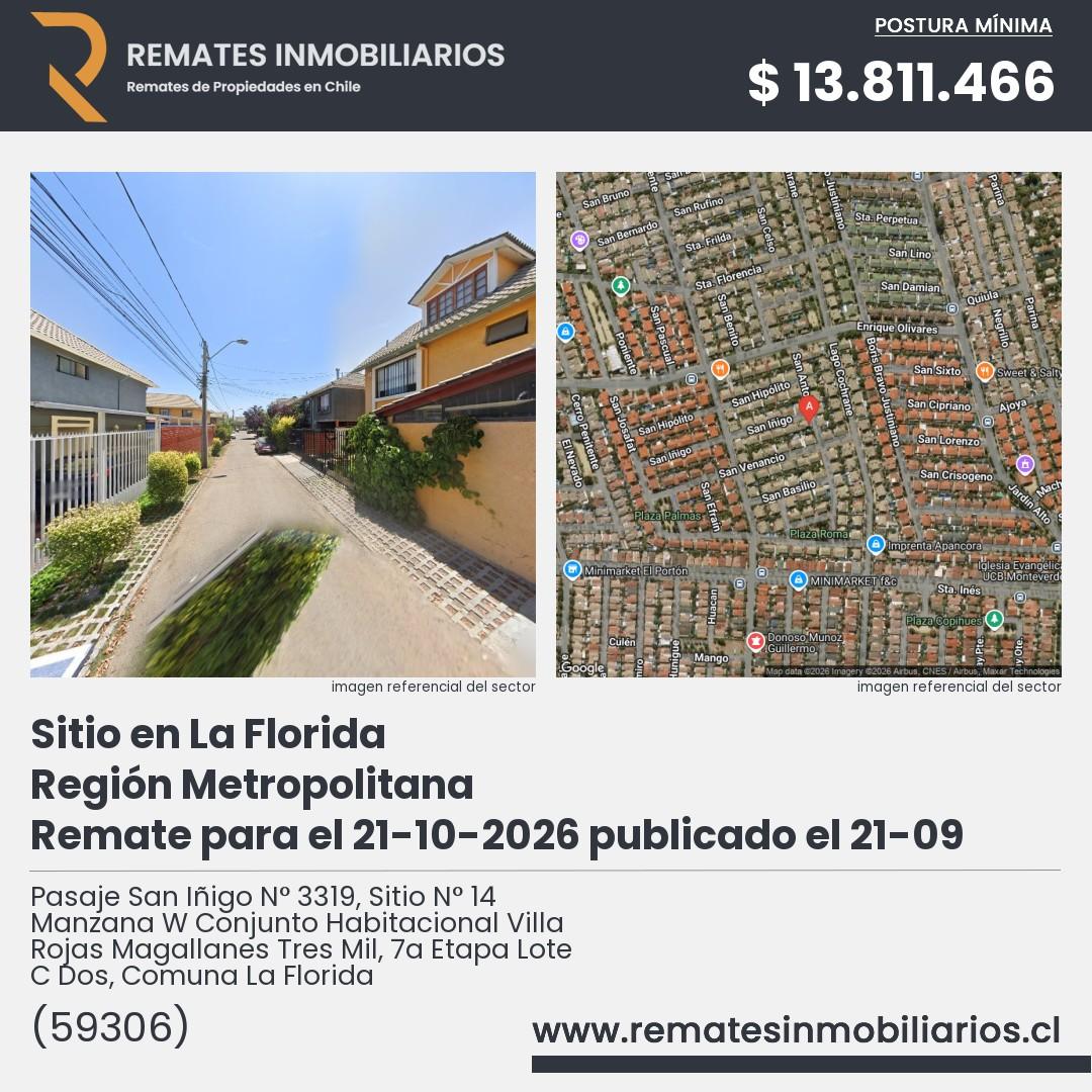 Imagen ficha Pasaje San Iñigo N° 3319, Sitio N° 14 Manzana W Conjunto Habitacional Villa Rojas Magallanes Tres Mil, 7a Etapa Lote C Dos, Comuna La Florida