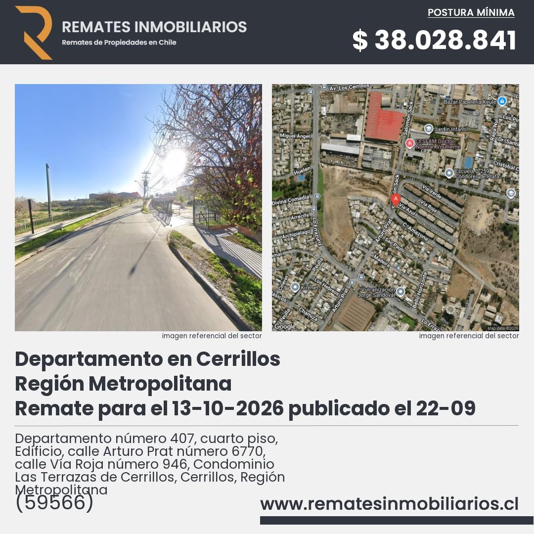 Imagen ficha Departamento número 407, cuarto piso, Edificio, calle Arturo Prat número 6770, calle Vía Roja número 946, Condominio Las Terrazas de Cerrillos, Cerrillos, Región Metropolitana