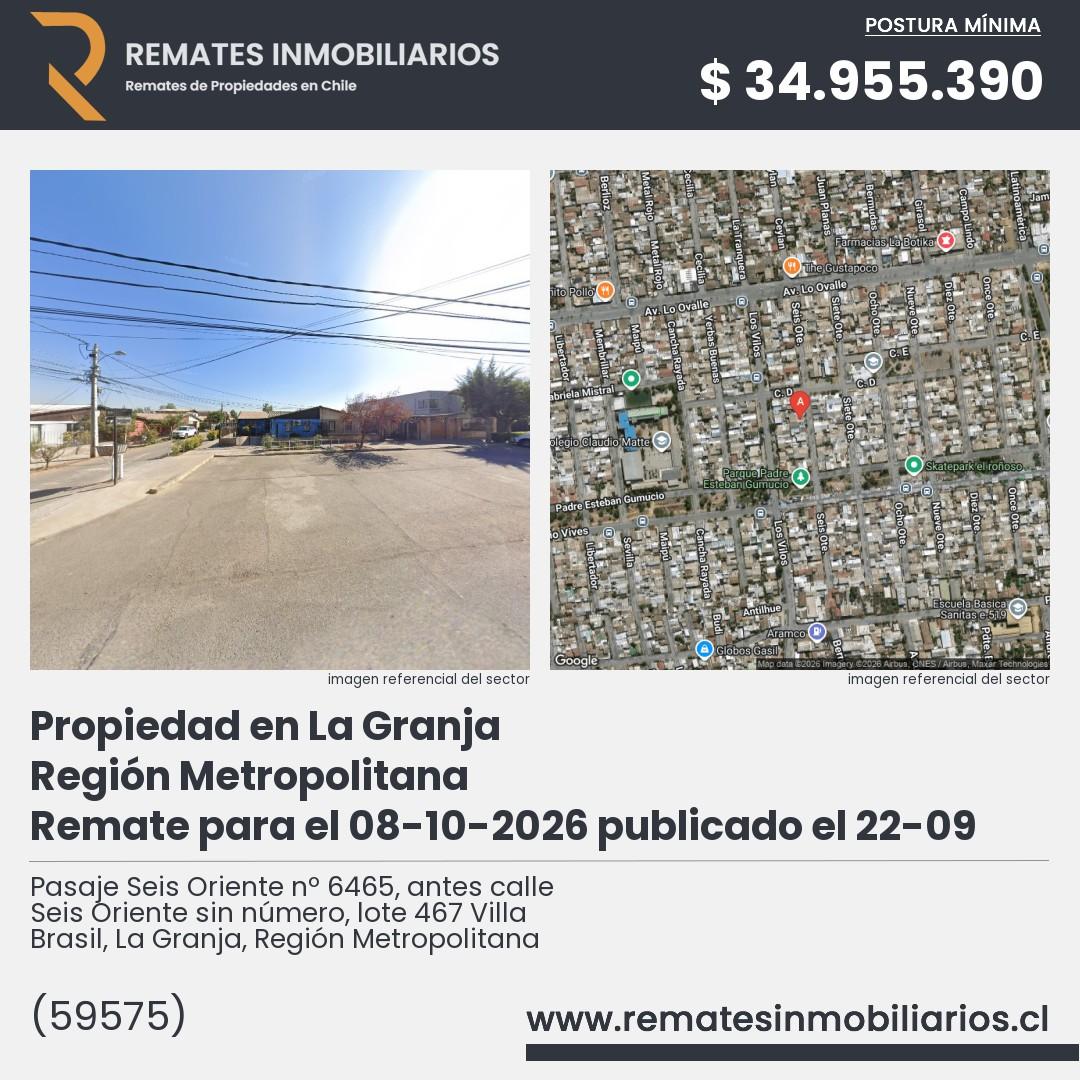 Imagen ficha Pasaje Seis Oriente nº 6465, antes calle Seis Oriente sin número, lote 467 Villa Brasil, La Granja, Región Metropolitana
