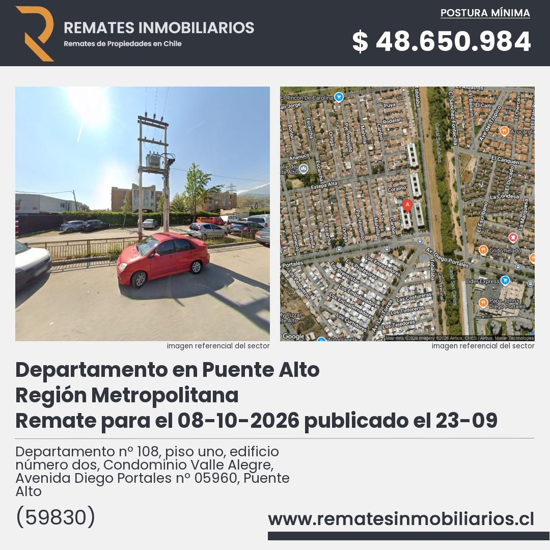 Imagen ficha Departamento nº 108, piso uno, edificio número dos, Condominio Valle Alegre, Avenida Diego Portales nº 05960, Puente Alto