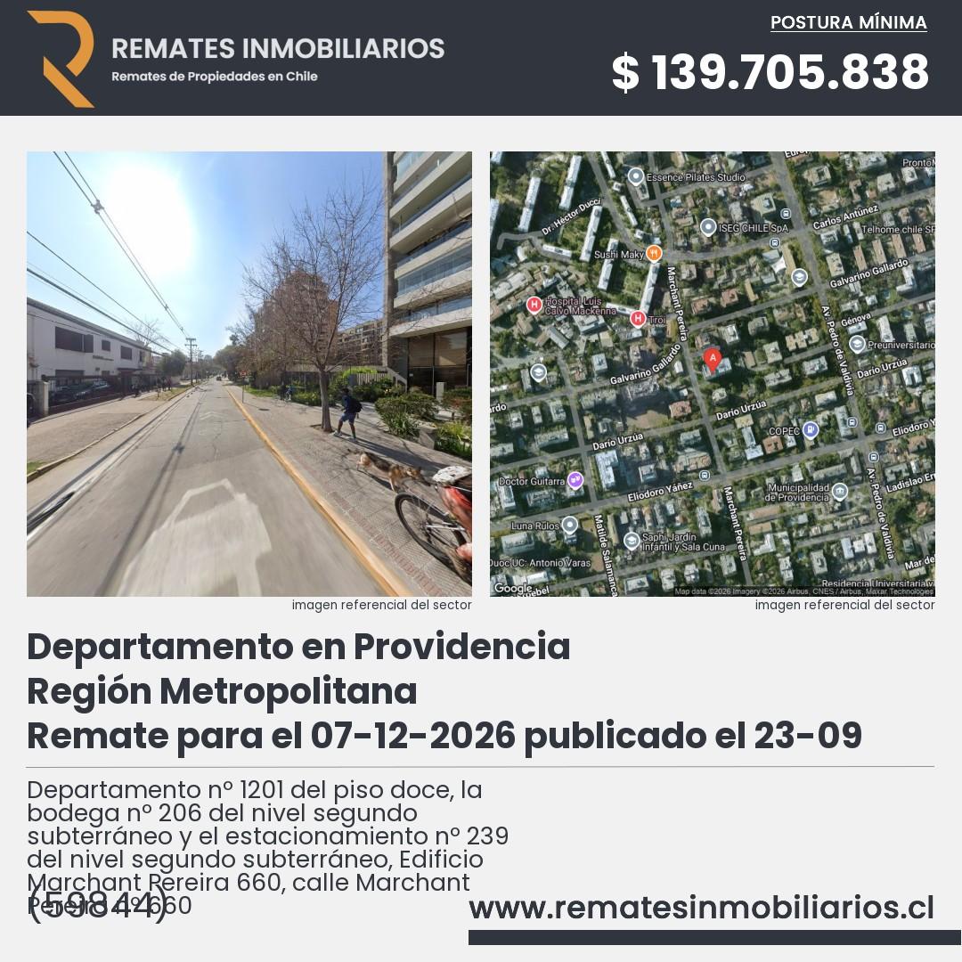 Imagen ficha Departamento nº 1201 del piso doce, la bodega nº 206 del nivel segundo subterráneo y el estacionamiento nº 239 del nivel segundo subterráneo, Edificio Marchant Pereira 660, calle Marchant Pereira nº 660