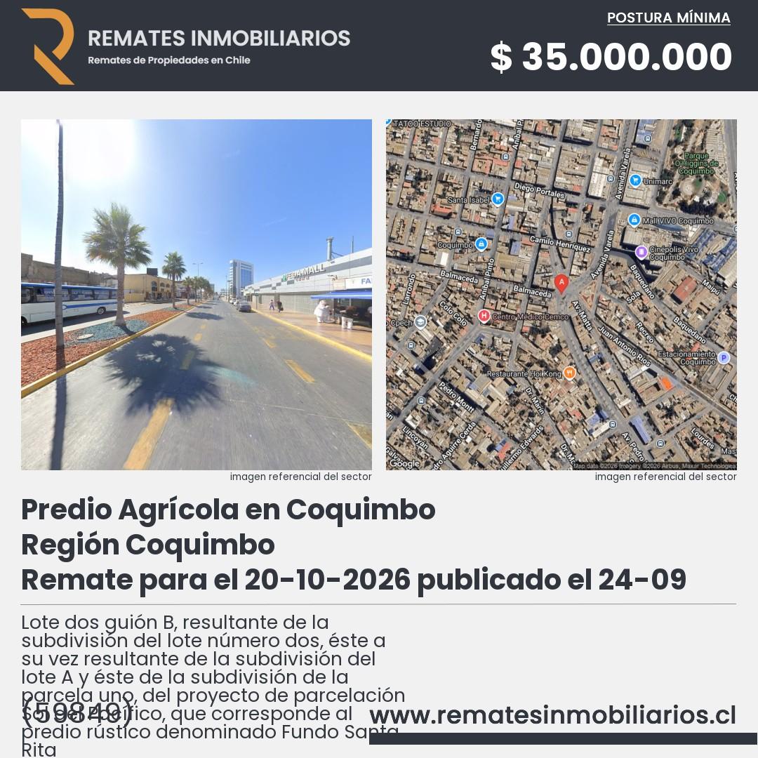 Imagen ficha Lote dos guión B, resultante de la subdivisión del lote número dos, éste a su vez resultante de la subdivisión del lote A y éste de la subdivisión de la parcela uno, del proyecto de parcelación Sol del Pacífico, que corresponde al predio rústico denominado Fundo Santa Rita