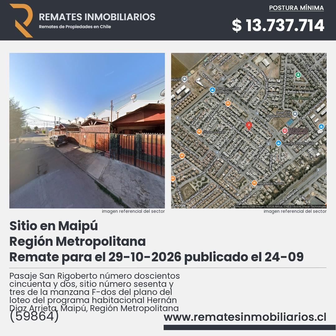 Imagen ficha Pasaje San Rigoberto número doscientos cincuenta y dos, sitio número sesenta y tres de la manzana F-dos del plano del loteo del programa habitacional Hernán Diaz Arrieta, Maipú, Región Metropolitana