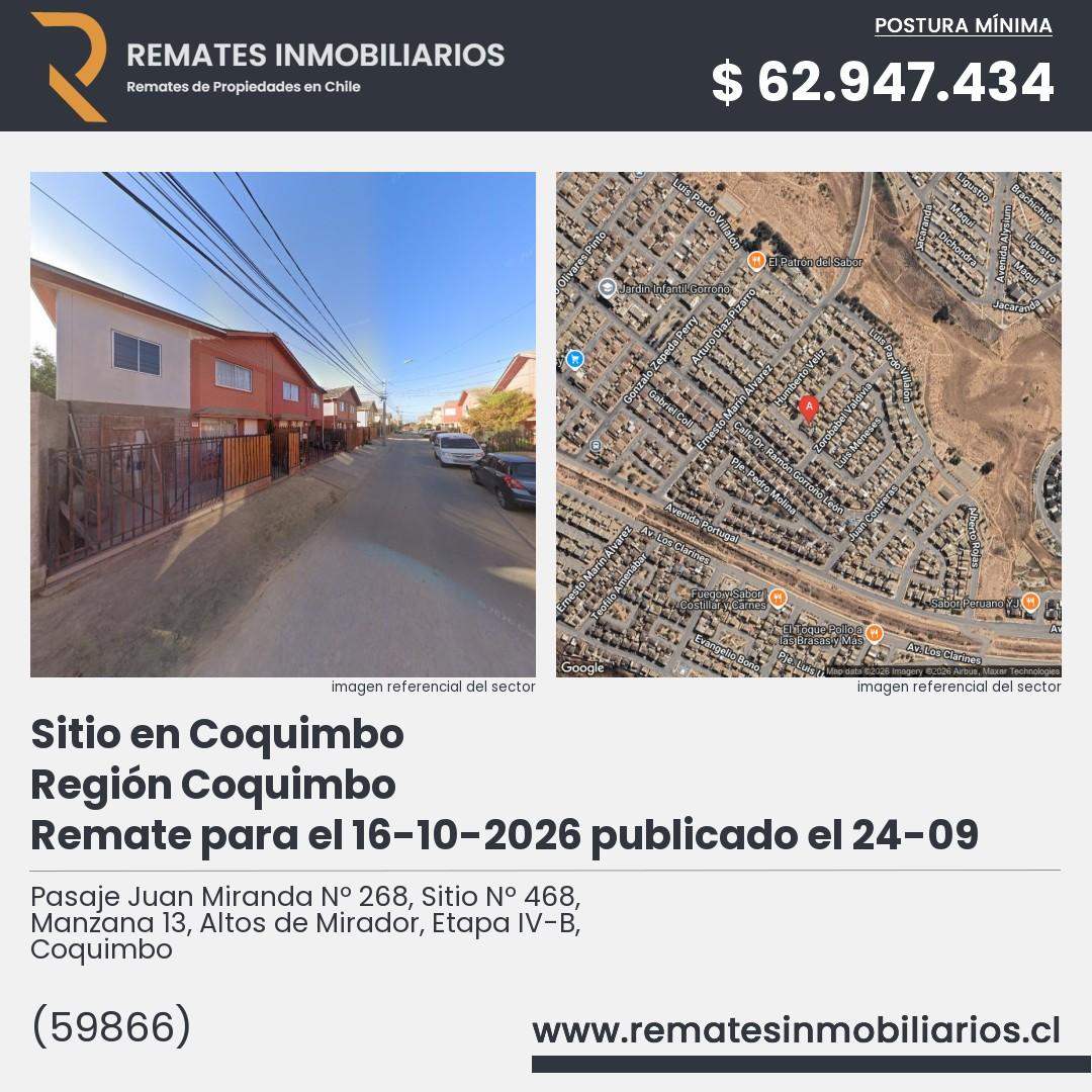 Imagen ficha Pasaje Juan Miranda Nº 268, Sitio Nº 468, Manzana 13, Altos de Mirador, Etapa IV-B, Coquimbo