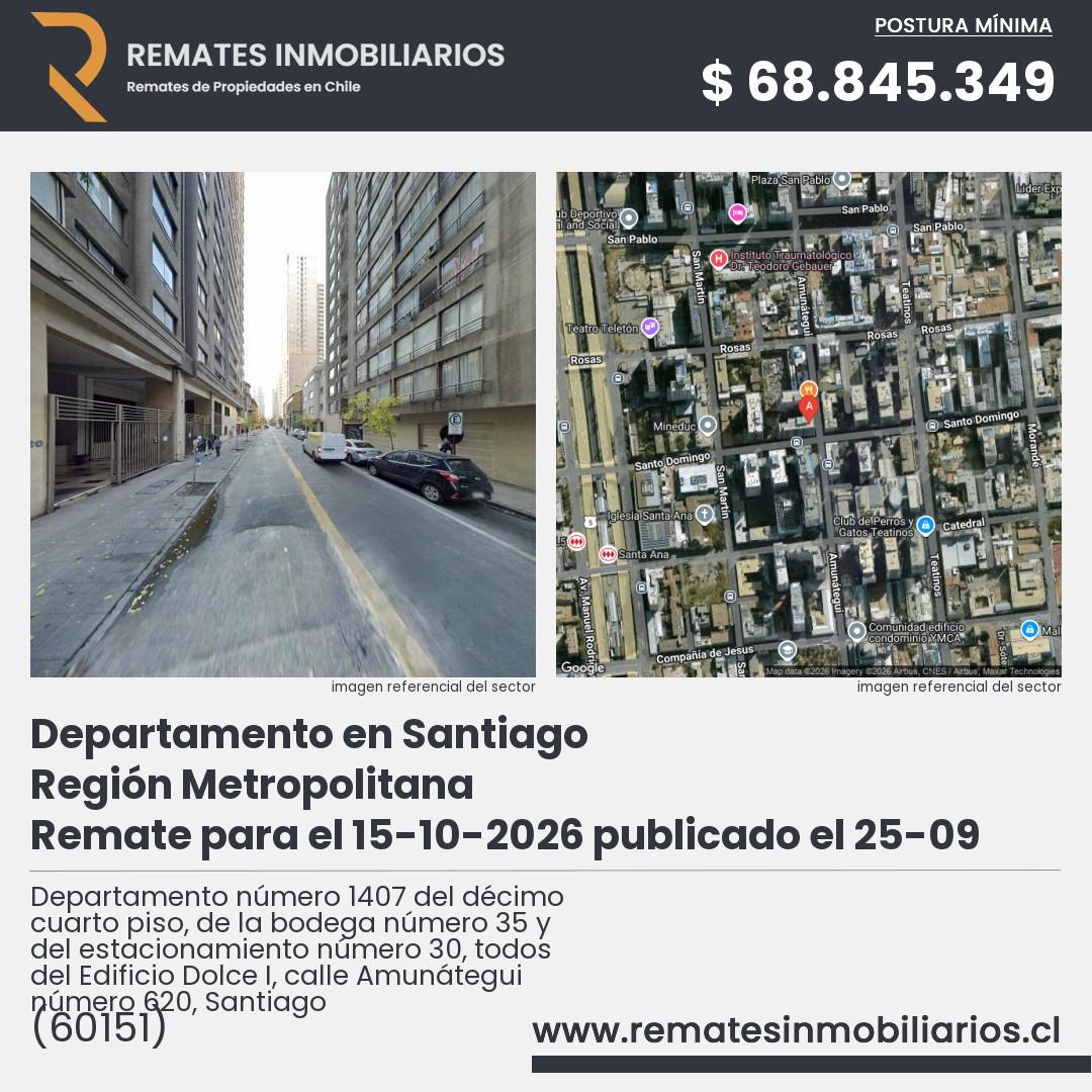 Imagen ficha Departamento número 1407 del décimo cuarto piso, de la bodega número 35 y del estacionamiento número 30, todos del Edificio Dolce I, calle Amunátegui número 620, Santiago