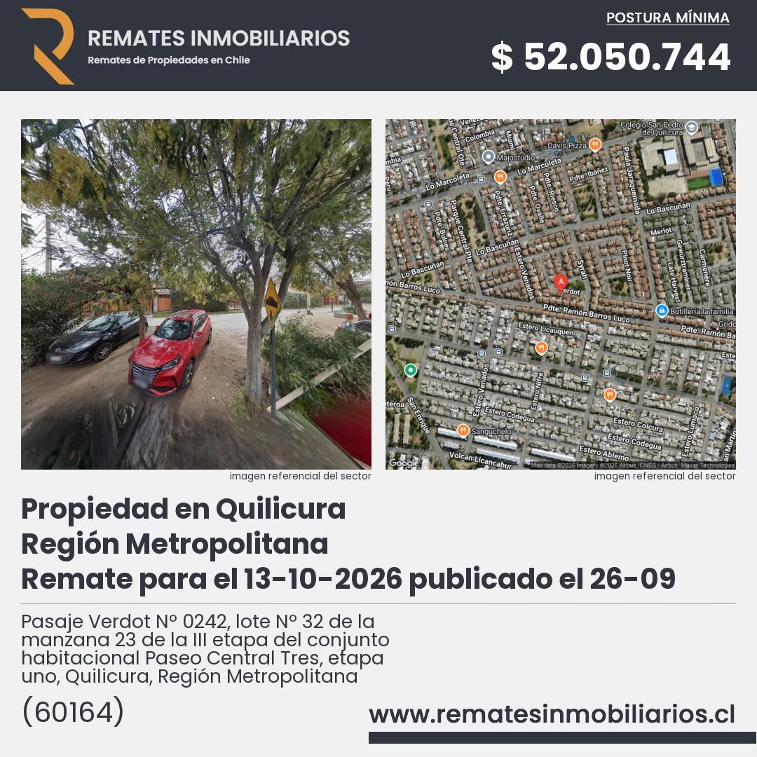 Imagen ficha Pasaje Verdot Nº 0242, lote Nº 32 de la manzana 23 de la III etapa del conjunto habitacional Paseo Central Tres, etapa uno, Quilicura, Región Metropolitana