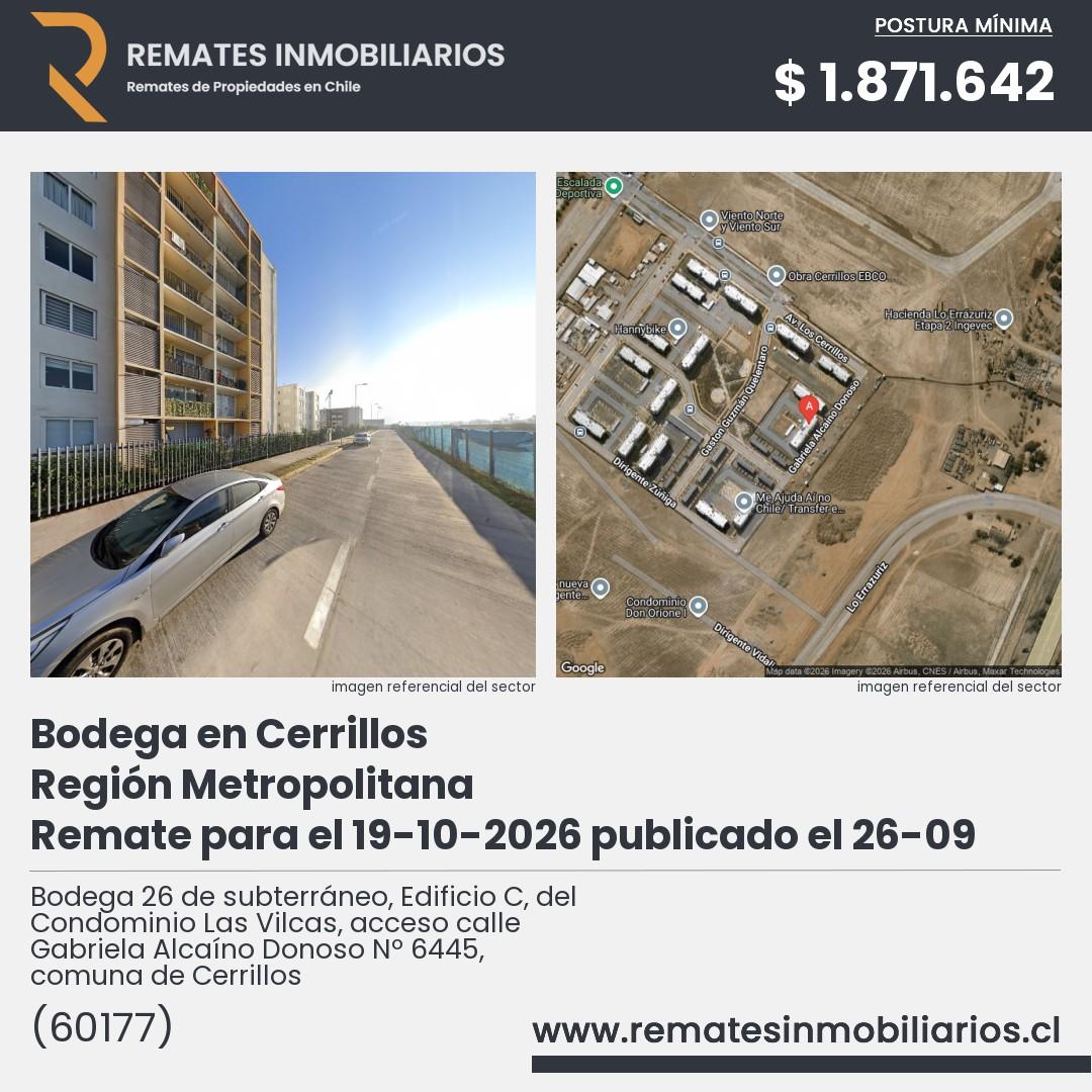 Imagen ficha Bodega 26 de subterráneo, Edificio C, del Condominio Las Vilcas, acceso calle Gabriela Alcaíno Donoso Nº 6445, comuna de Cerrillos