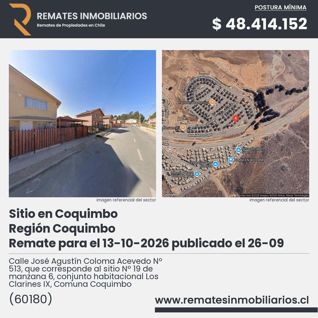 Imagen ficha Calle José Agustín Coloma Acevedo Nº 513, que corresponde al sitio Nº 19 de manzana 6, conjunto habitacional Los Clarines IX, Comuna Coquimbo