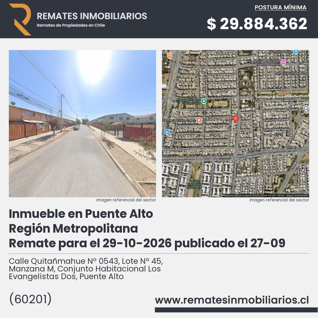 Imagen ficha Calle Quitañmahue Nº 0543, Lote Nº 45, Manzana M, Conjunto Habitacional Los Evangelistas Dos, Puente Alto