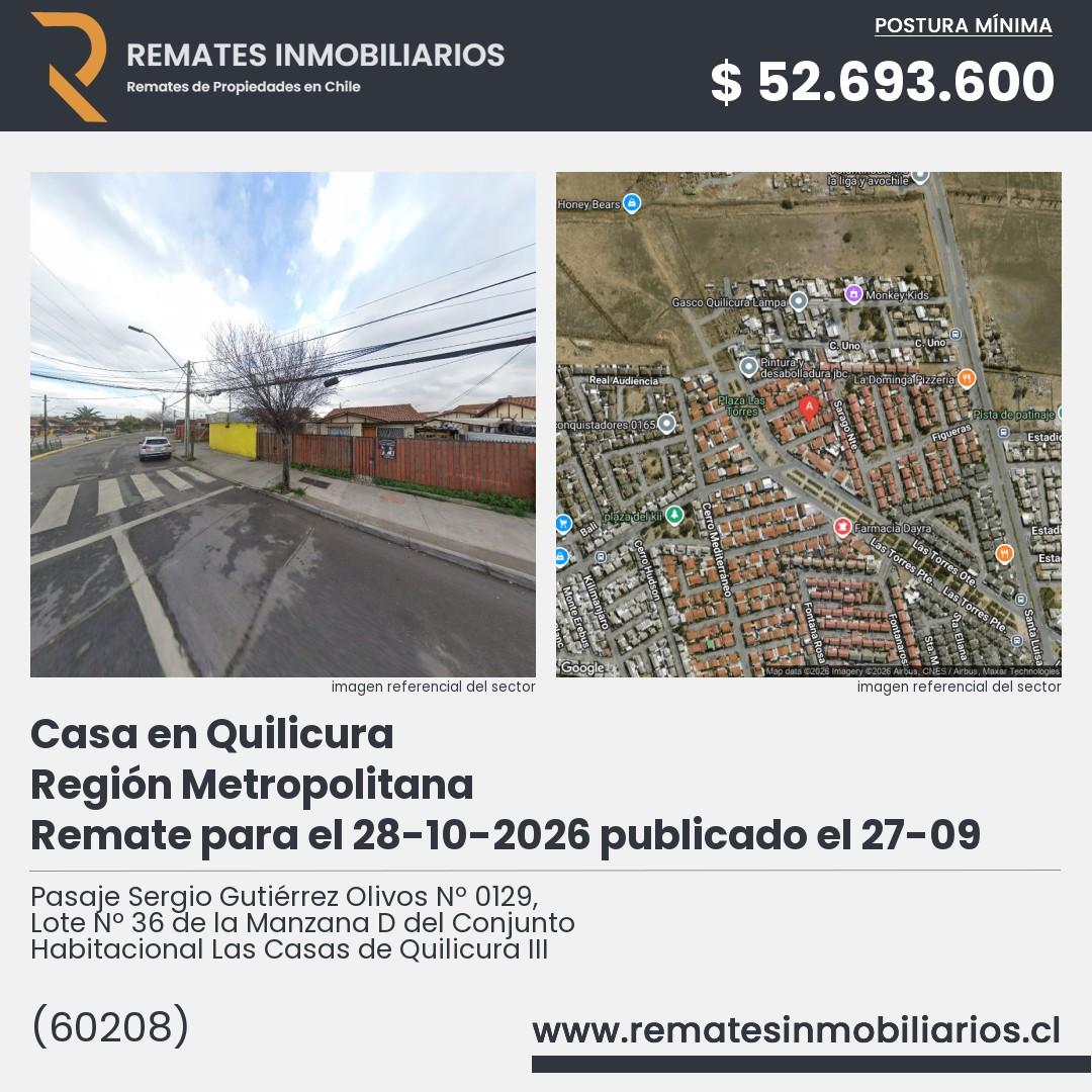 Imagen ficha Pasaje Sergio Gutiérrez Olivos Nº 0129, Lote Nº 36 de la Manzana D del Conjunto Habitacional Las Casas de Quilicura III